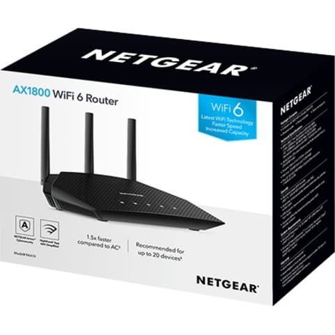 Netgear AX1800 WiFi 6 router desktop unit with dual-band wireless and Gigabit Ethernet ports