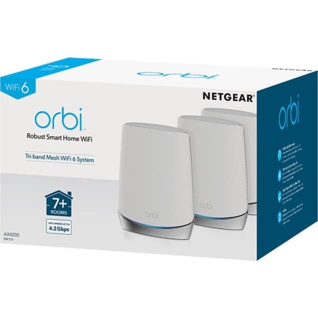 Netgear Orbi RBK753-100NAS AX4200 tri-band WiFi 6 mesh router bundle with two satellites
