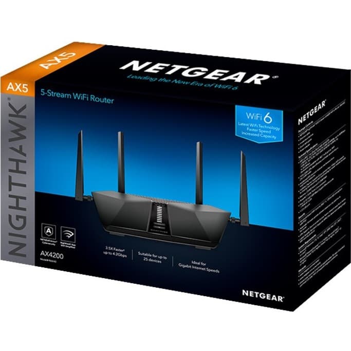 Netgear RAX43 AX4200 Wi‑Fi 6 router with external antennas and gigabit Ethernet ports