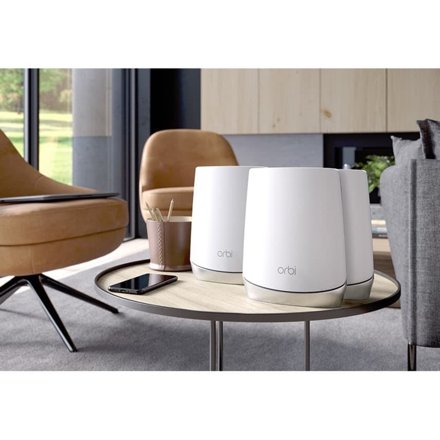 Netgear Orbi RBK753-100NAS AX4200 tri-band WiFi 6 mesh router bundle with two satellites