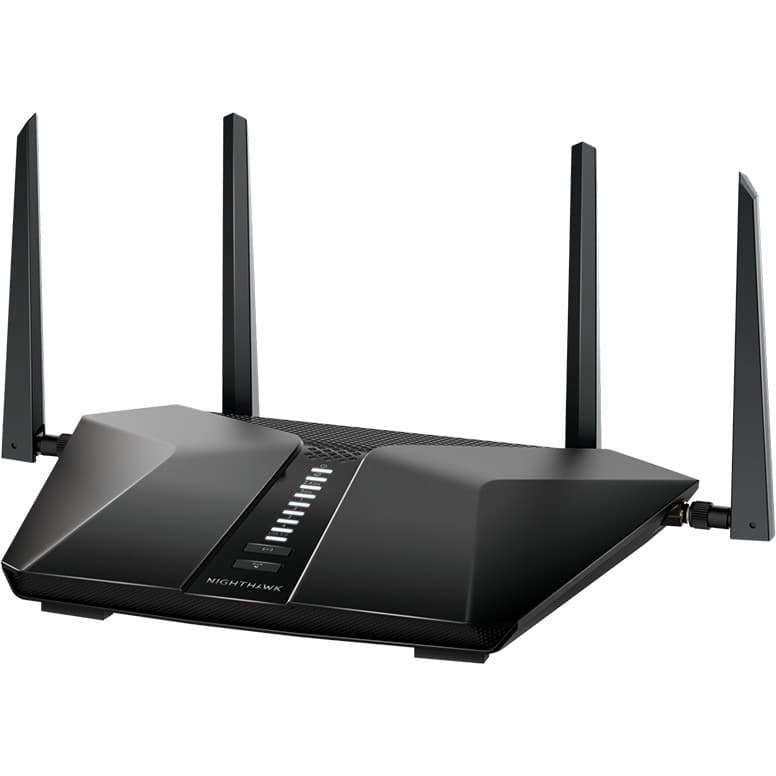 Netgear RAX43 AX4200 Wi‑Fi 6 router with external antennas and gigabit Ethernet ports