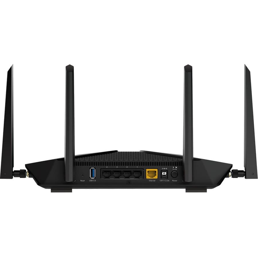 Netgear RAX43 AX4200 Wi‑Fi 6 router with external antennas and gigabit Ethernet ports