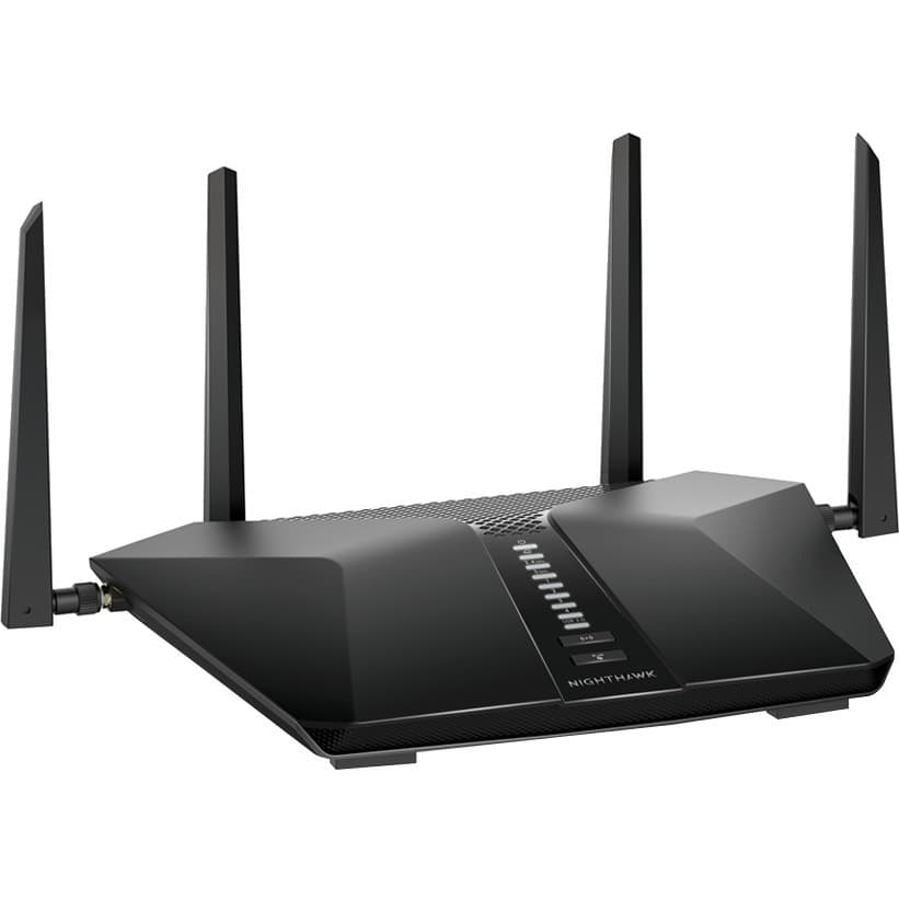 Netgear RAX43 AX4200 Wi‑Fi 6 router with external antennas and gigabit Ethernet ports