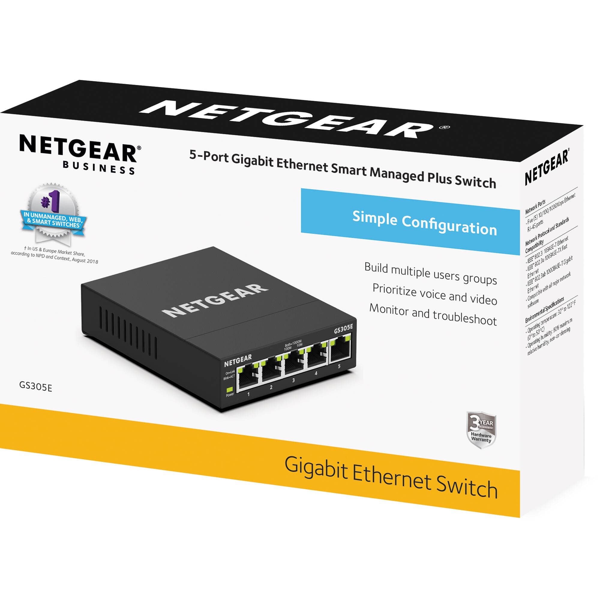 Netgear GS305E-100NAS 5-port Gigabit Plus managed switch for small office networking
