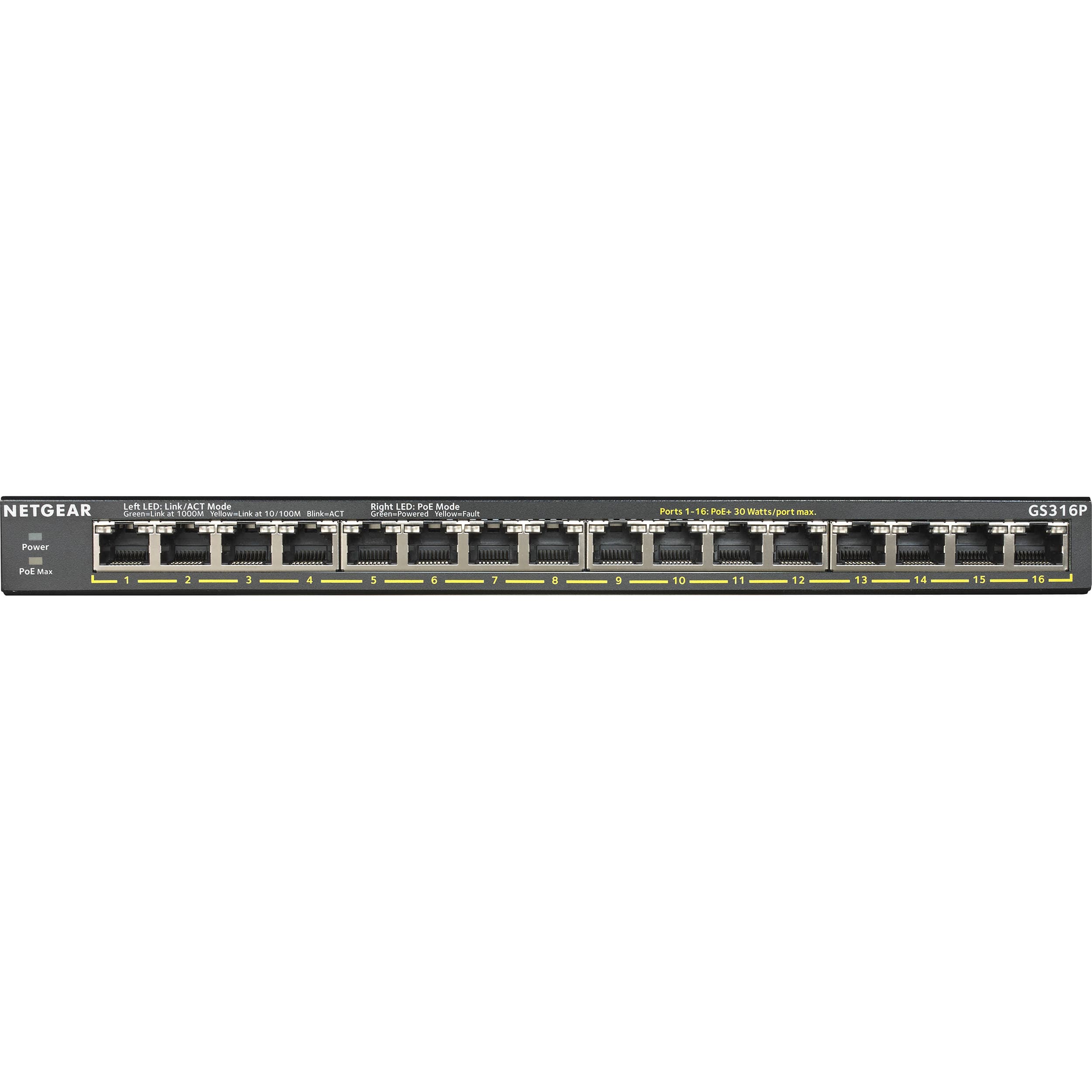 Netgear GS316P-100NAS 16-port Gigabit unmanaged PoE+ switch for cameras, access points, and VoIP phones