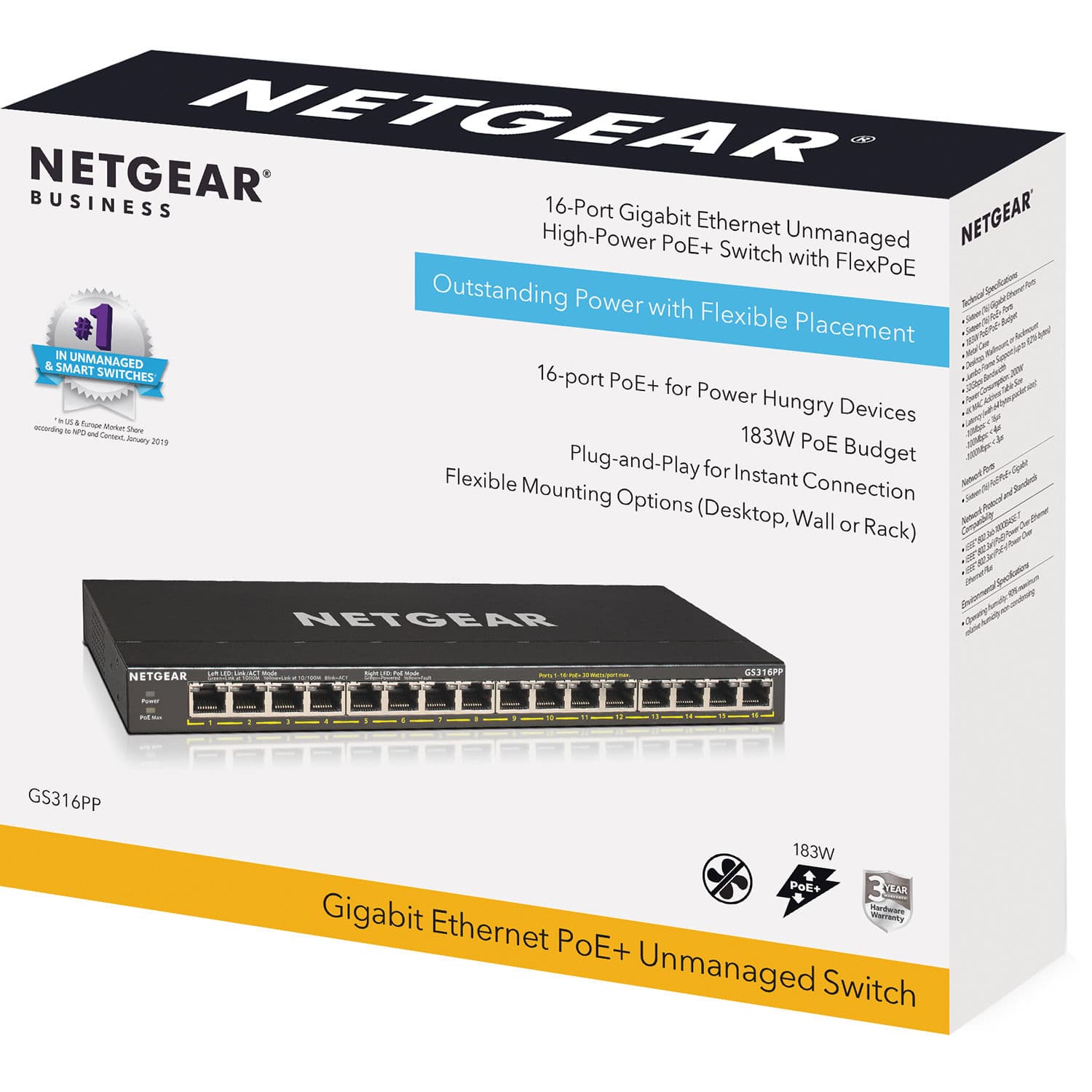 Netgear GS316PP-100NAS 16-port Gigabit unmanaged PoE+ switch with 183 W FlexPoE