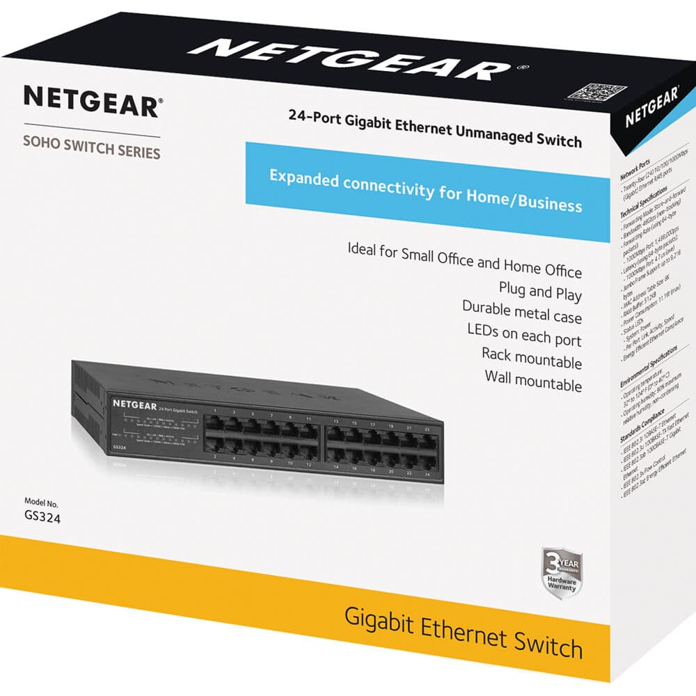 NETGEAR GS324-200NAS 24-port Gigabit unmanaged desktop switch fanless design