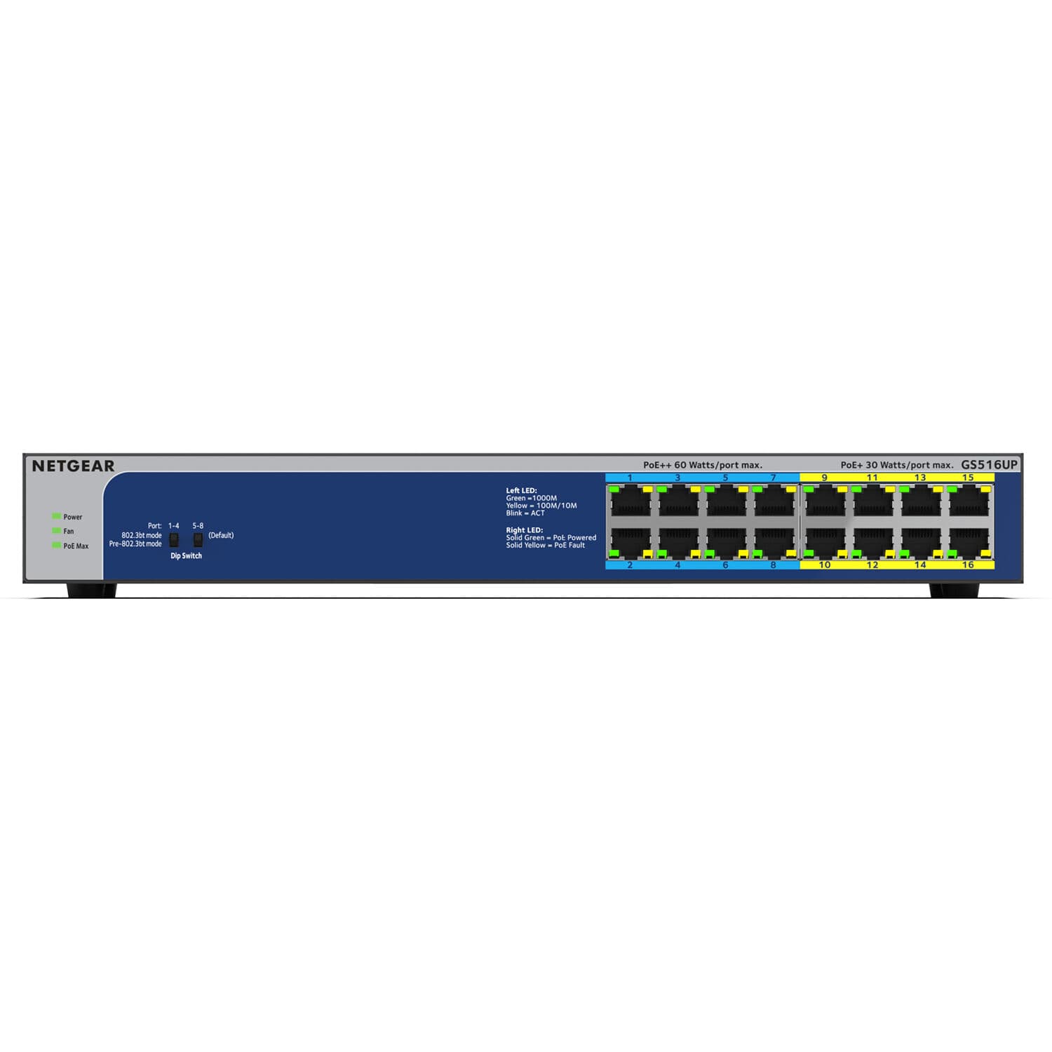 NETGEAR GS516UP-100NAS 16-port Gigabit unmanaged PoE++ switch with 8 high-power PoE ports