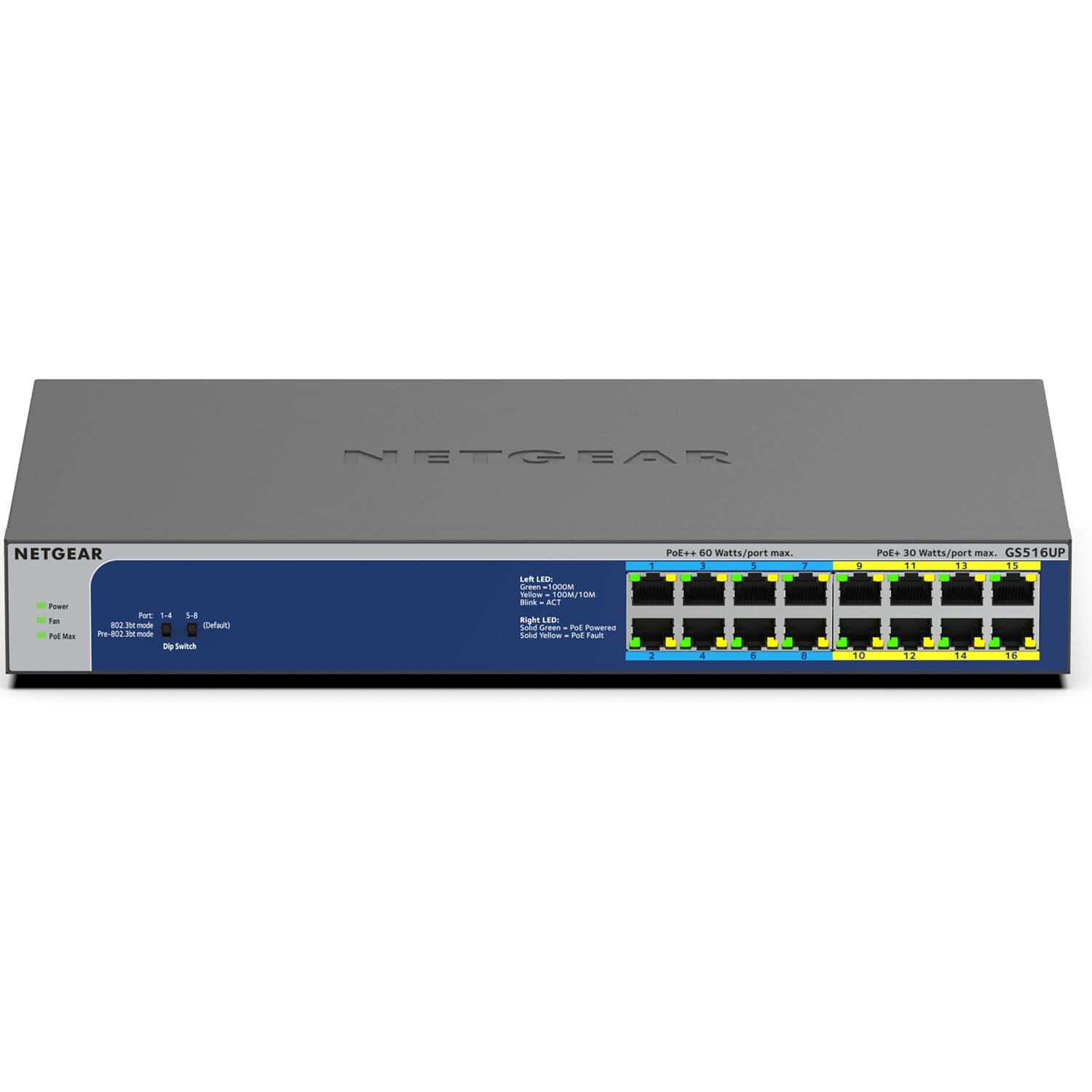 NETGEAR GS516UP-100NAS 16-port Gigabit unmanaged PoE++ switch with 8 high-power PoE ports