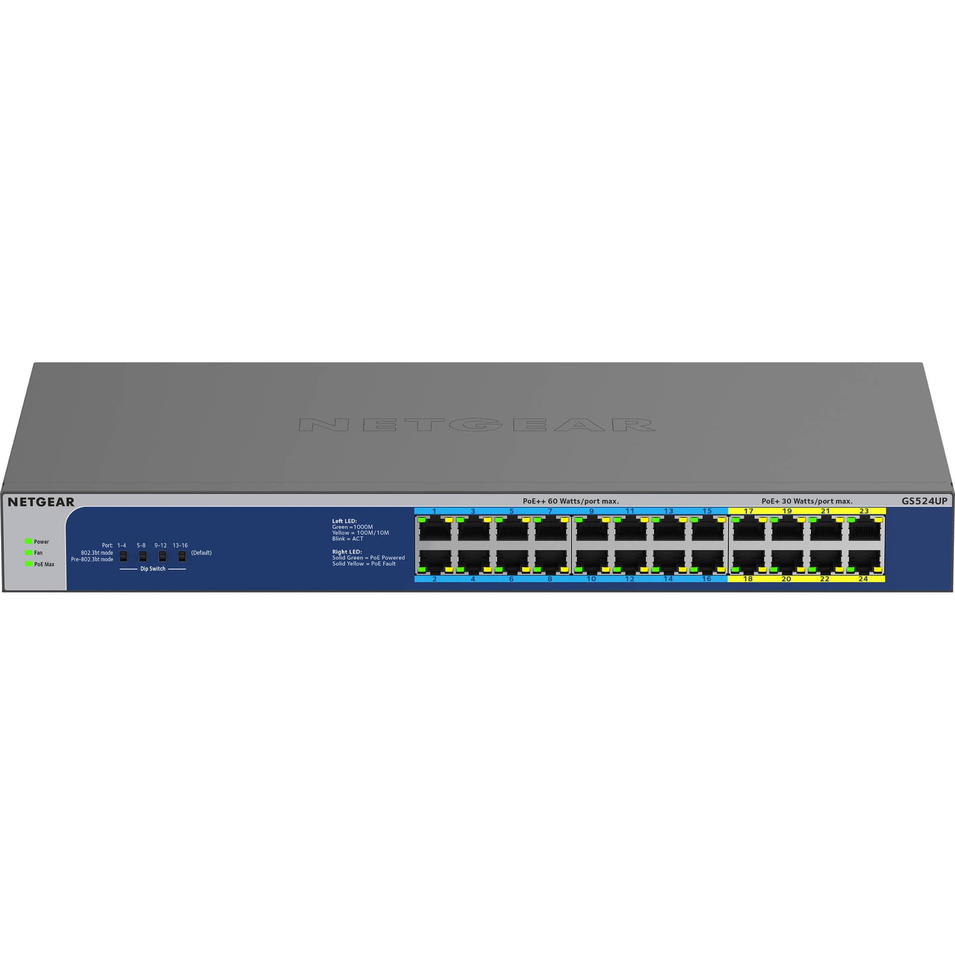 Netgear GS524UP-100NAS 24-port Gigabit unmanaged PoE++ switch with 16 PoE++ ports and 480 W budget