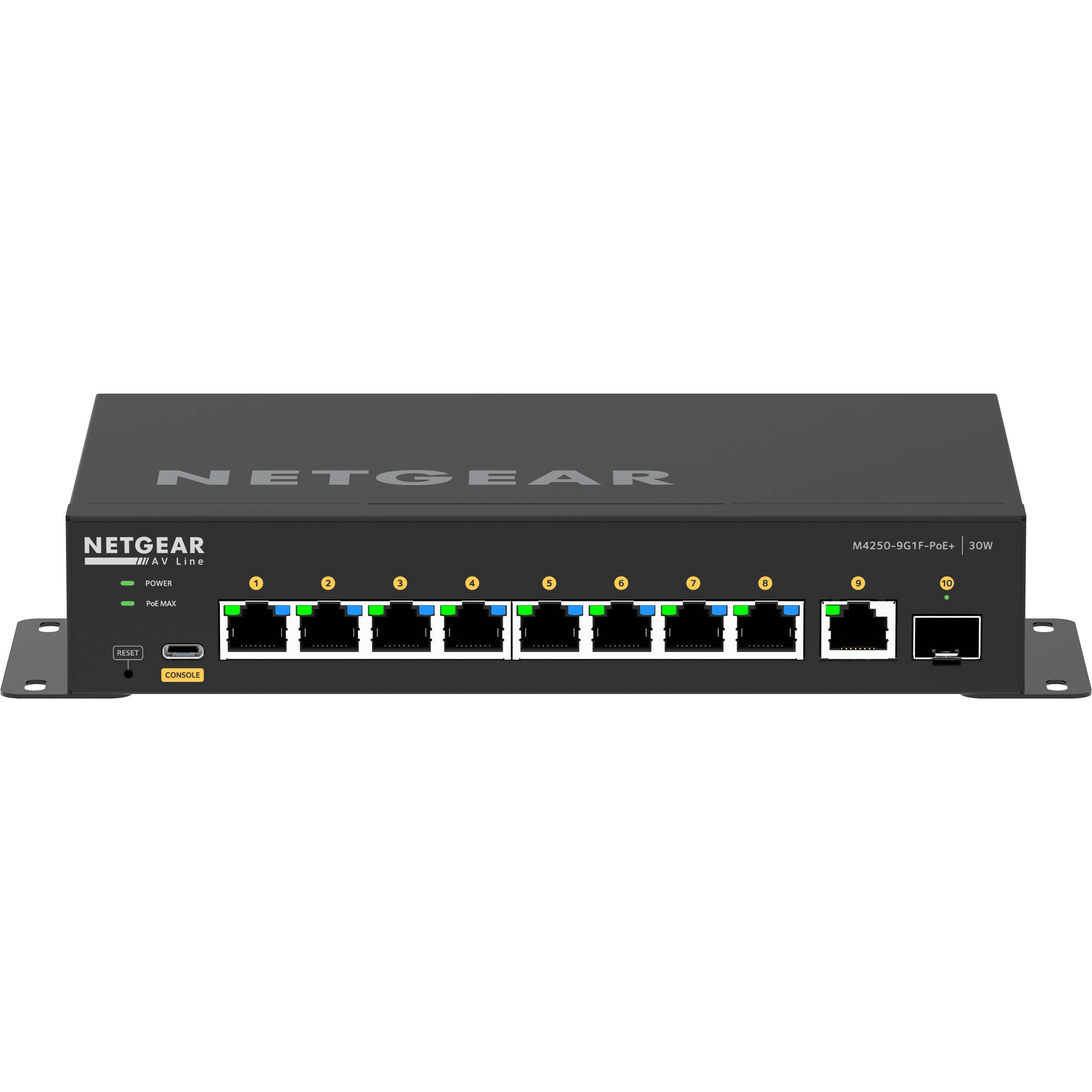 Netgear M4250 9G1F PoEplus AV Switch front view with Gigabit ports and SFP uplink