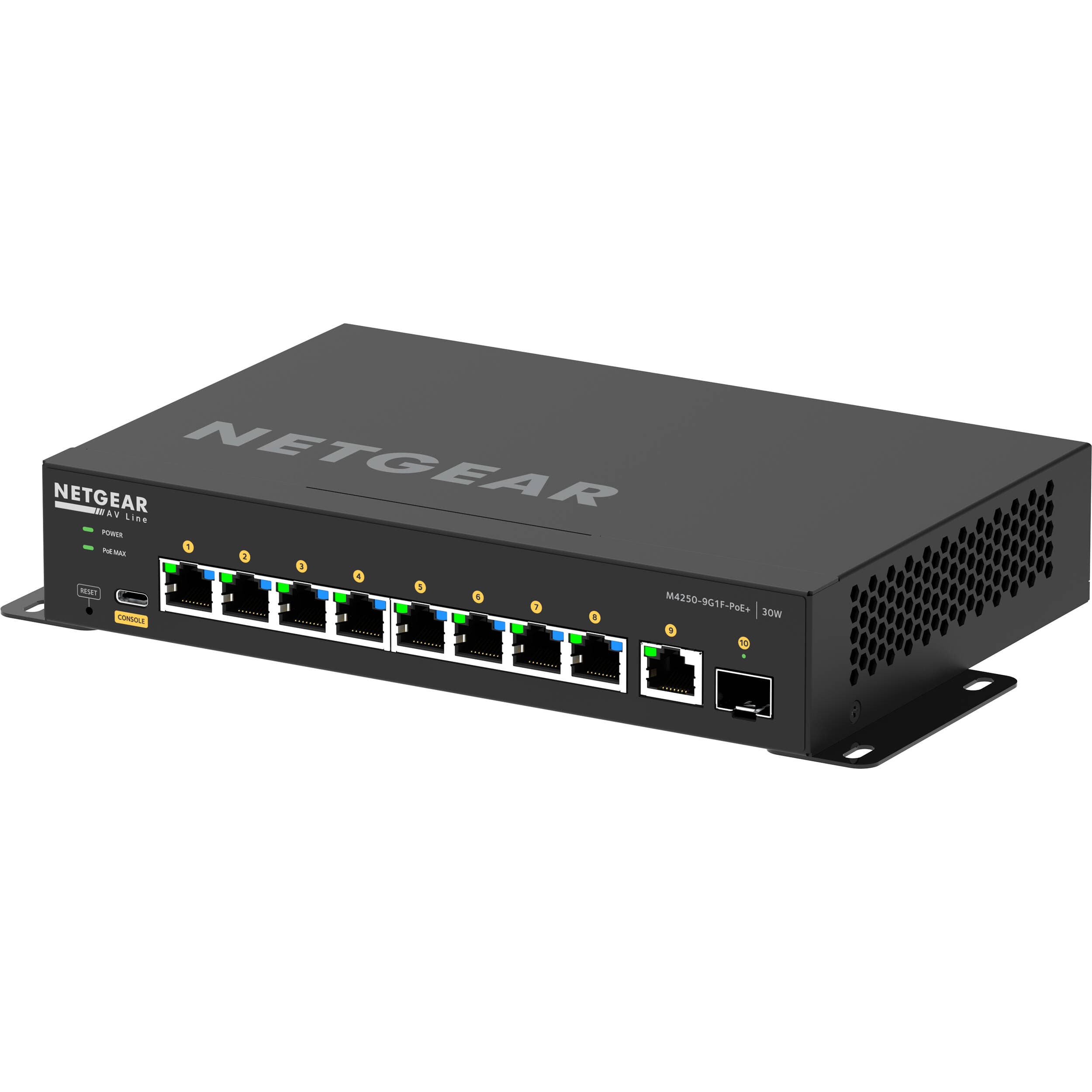 Netgear M4250 9G1F PoEplus AV Switch front view with Gigabit ports and SFP uplink