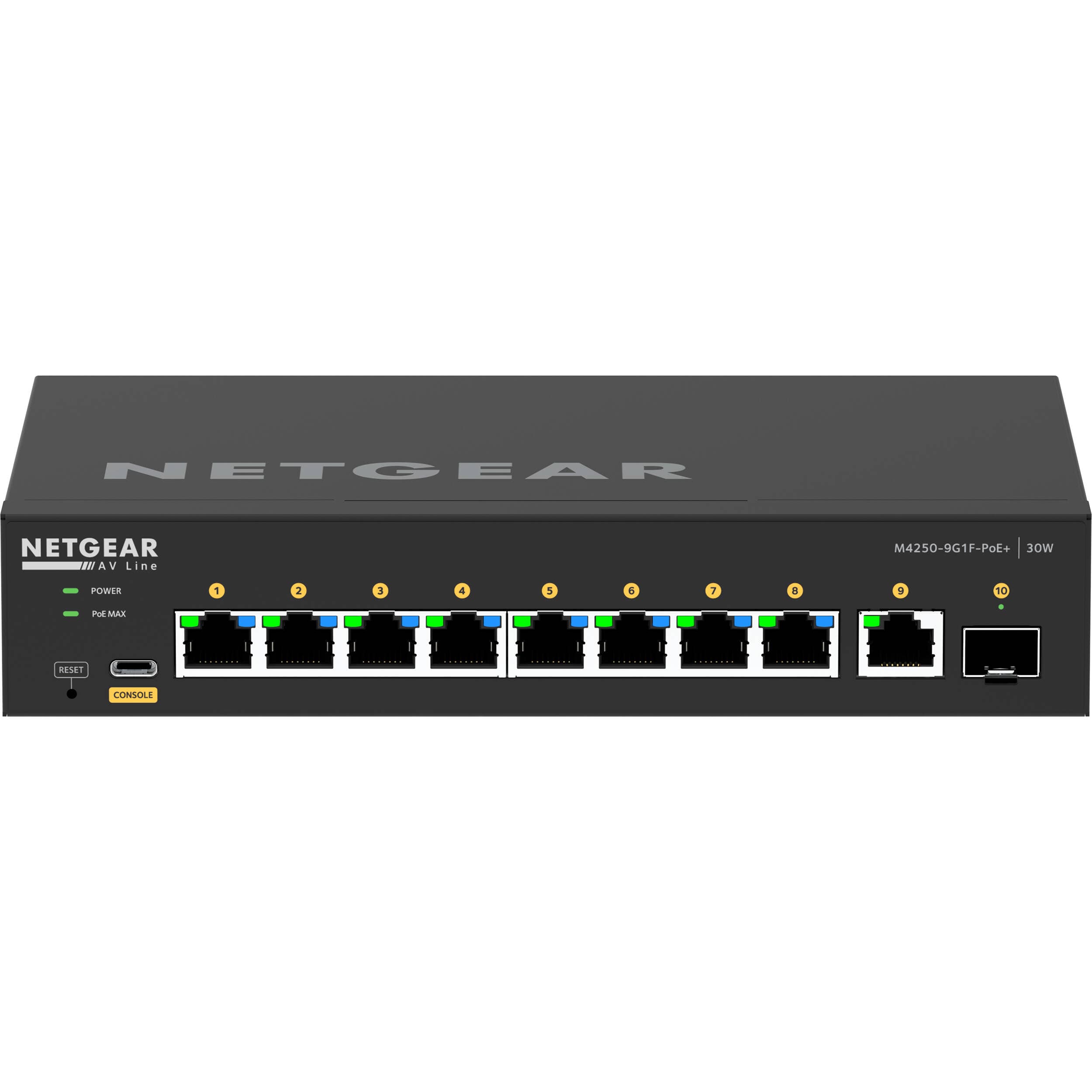 Netgear M4250 9G1F PoEplus AV Switch front view with Gigabit ports and SFP uplink