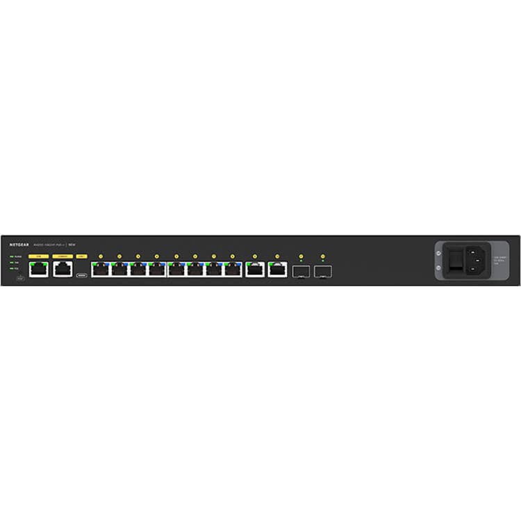 NETGEAR M4250 GSM4212UX-100NAS managed AV switch with 8 PoE++ ports, 720 W budget, and 10G uplinks