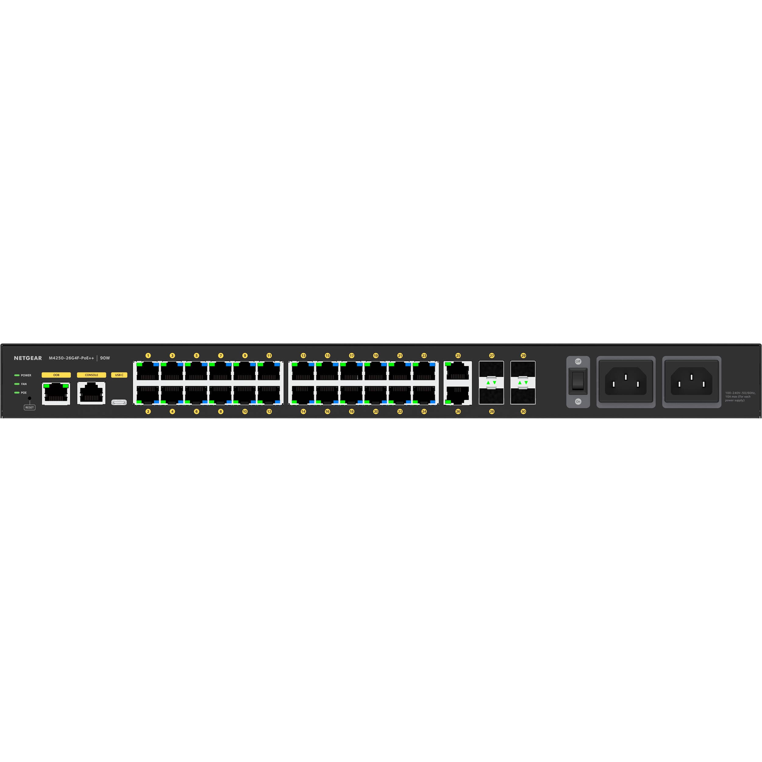 Netgear M4250 26G4F managed PoE++ switch with 24 PoE ports and 10G uplinks