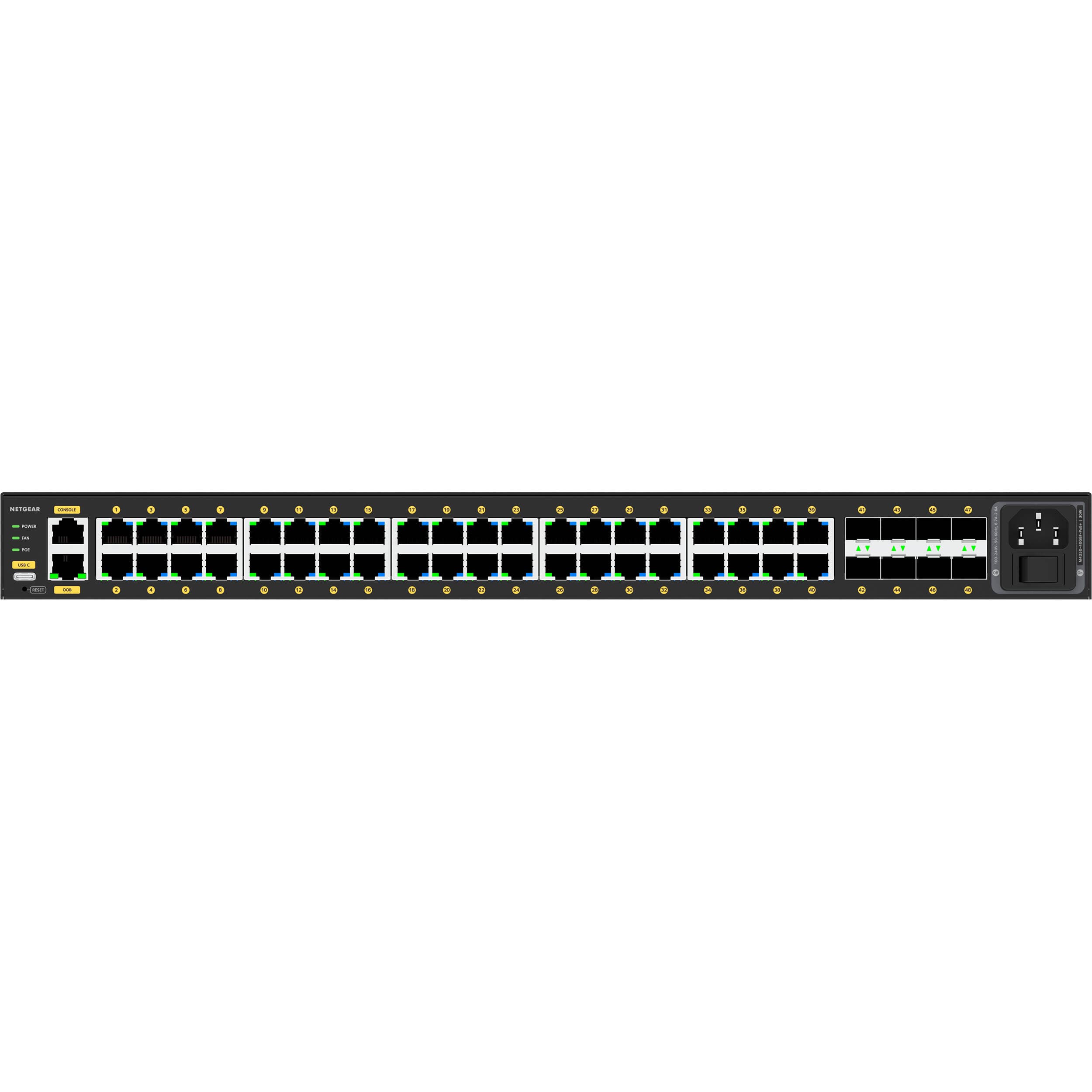 Netgear M4250 40G8F PoE+ managed switch with 48 ports and 370 W PoE budget