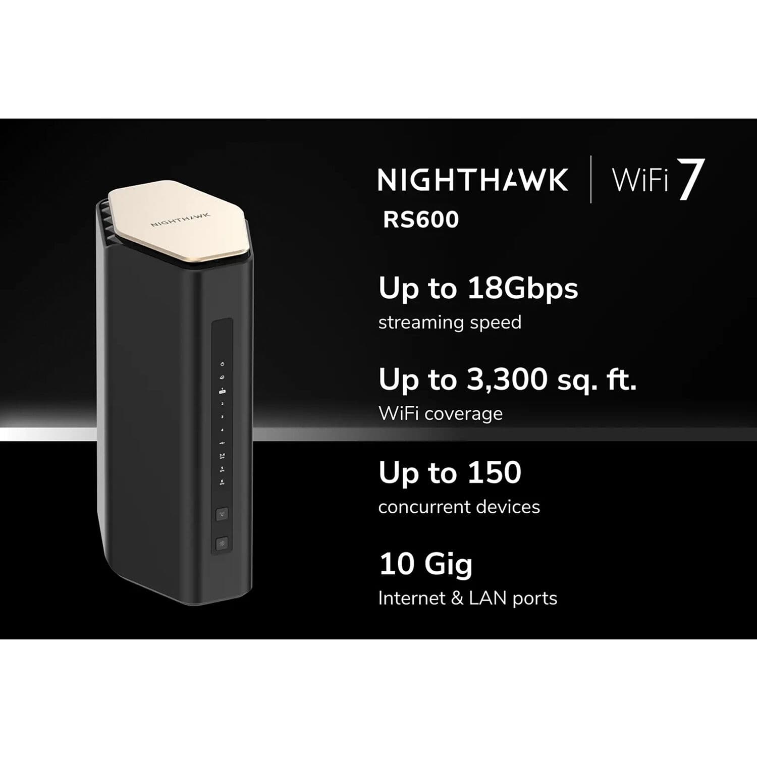 Netgear Nighthawk RS600 WiFi 7 BE18000 desktop router with 5 Ethernet ports